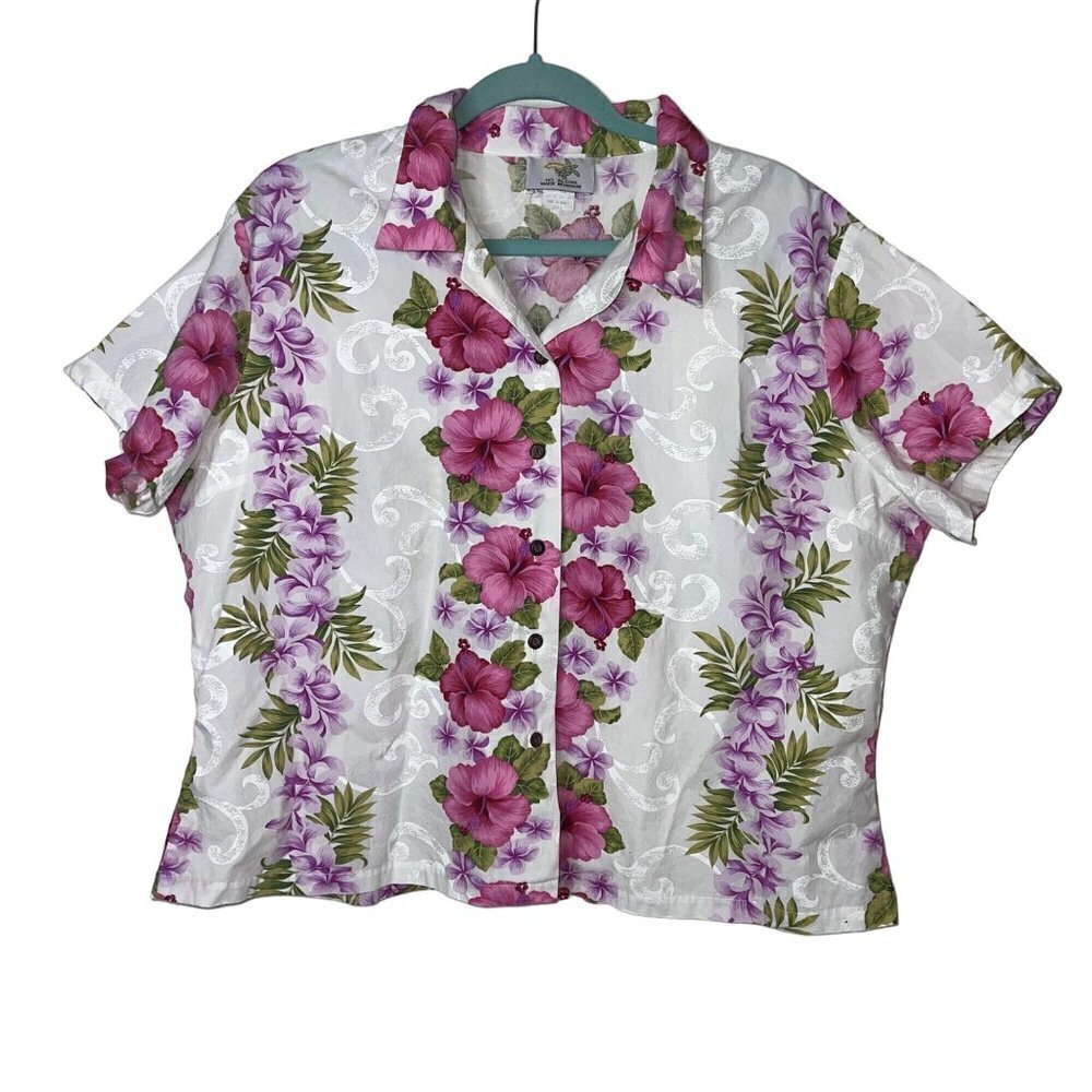 Ho Aloha Vintage Womens Shirt Size XXL White Floral Hawaiian Pure Cotton